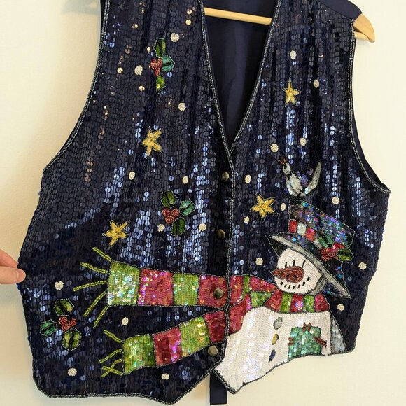 Vintage Sequin Christmas Snowman Vest The Quaker Factory - Picture 3 of 7